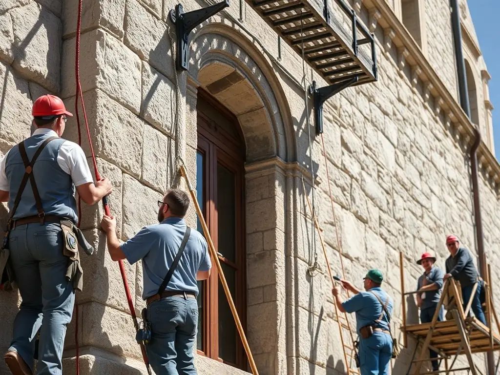 An image of volunteers working on the restoration of a historical building in the Marché Limousin, highlighting the organization's commitment to preserving architectural heritage.