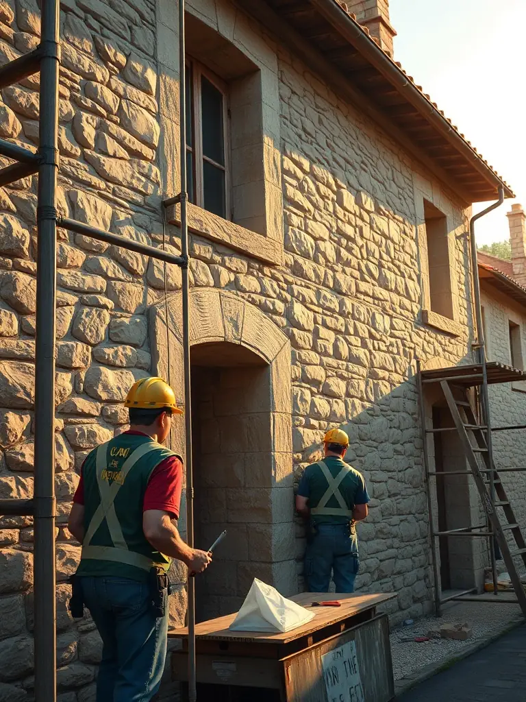 A photo of volunteers working on the restoration of a historical building in Marché Limousin, emphasizing community involvement in heritage preservation.