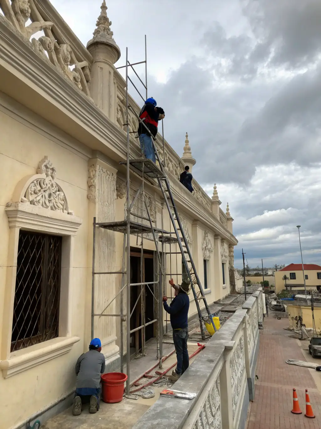 A detailed image of artisans meticulously restoring a historical building in Marché Limousin, emphasizing the importance of architectural preservation.