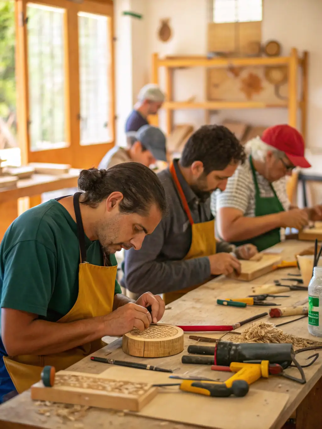 A photograph depicting a traditional Limousin craft workshop in progress, showcasing artisans demonstrating their skills to participants.