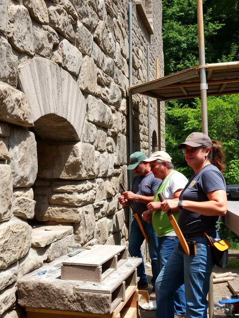A photograph of volunteers working on the restoration of a historical building in the Marché Limousin region.