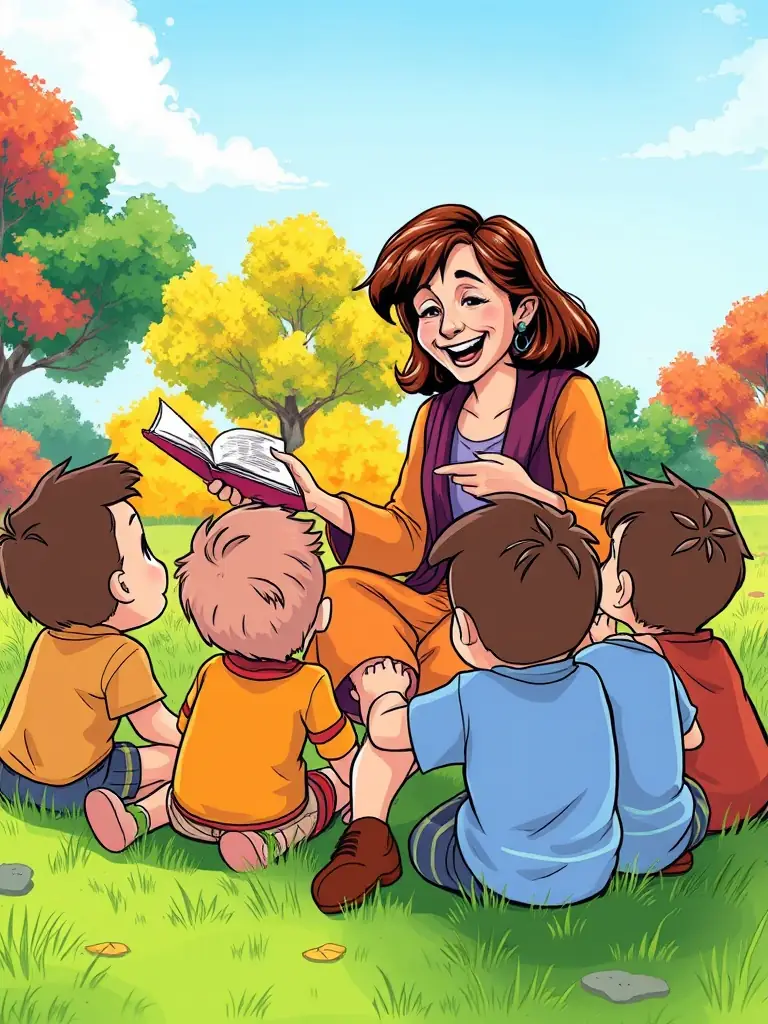 A photograph of children participating in an educational program about local folklore and traditions, emphasizing the importance of knowledge transmission.